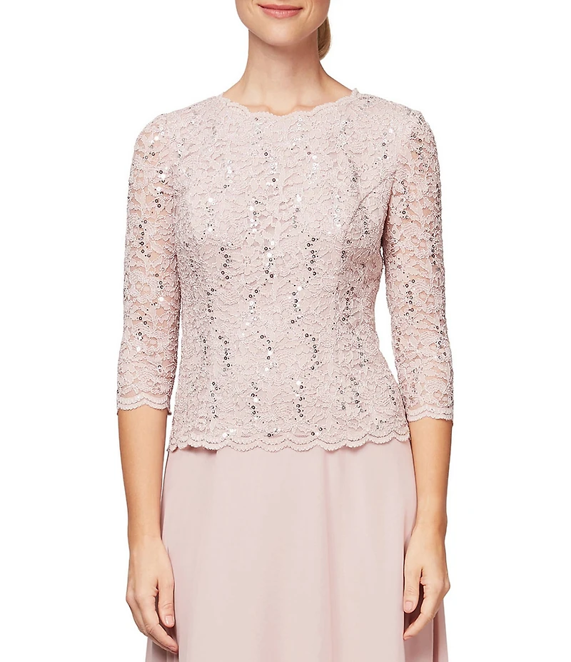 Alex Evenings Crew Neck 3/4 Sleeve Sequin Floral Lace Bodice Chiffon A-Line Midi Dress