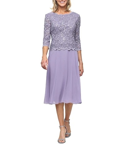 Alex Evenings Crew Neck 3/4 Sleeve Sequin Floral Lace Bodice Chiffon A-Line Midi Dress