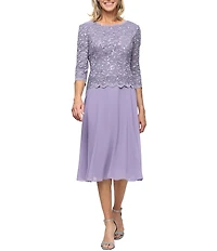 Alex Evenings Crew Neck 3/4 Sleeve Sequin Floral Lace Bodice Chiffon A-Line Midi Dress