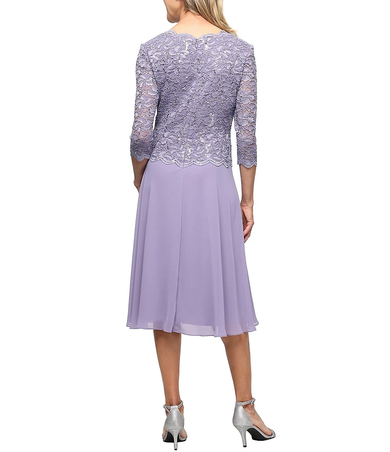 Alex Evenings Crew Neck 3/4 Sleeve Sequin Floral Lace Bodice Chiffon A-Line Midi Dress