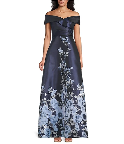 Alex Evenings Off-The-Shoulder Floral Printed Jacquard Long Gown
