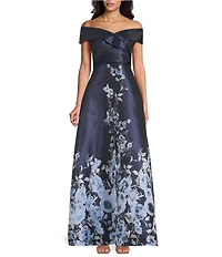 Alex Evenings Off-The-Shoulder Floral Printed Jacquard Long Gown