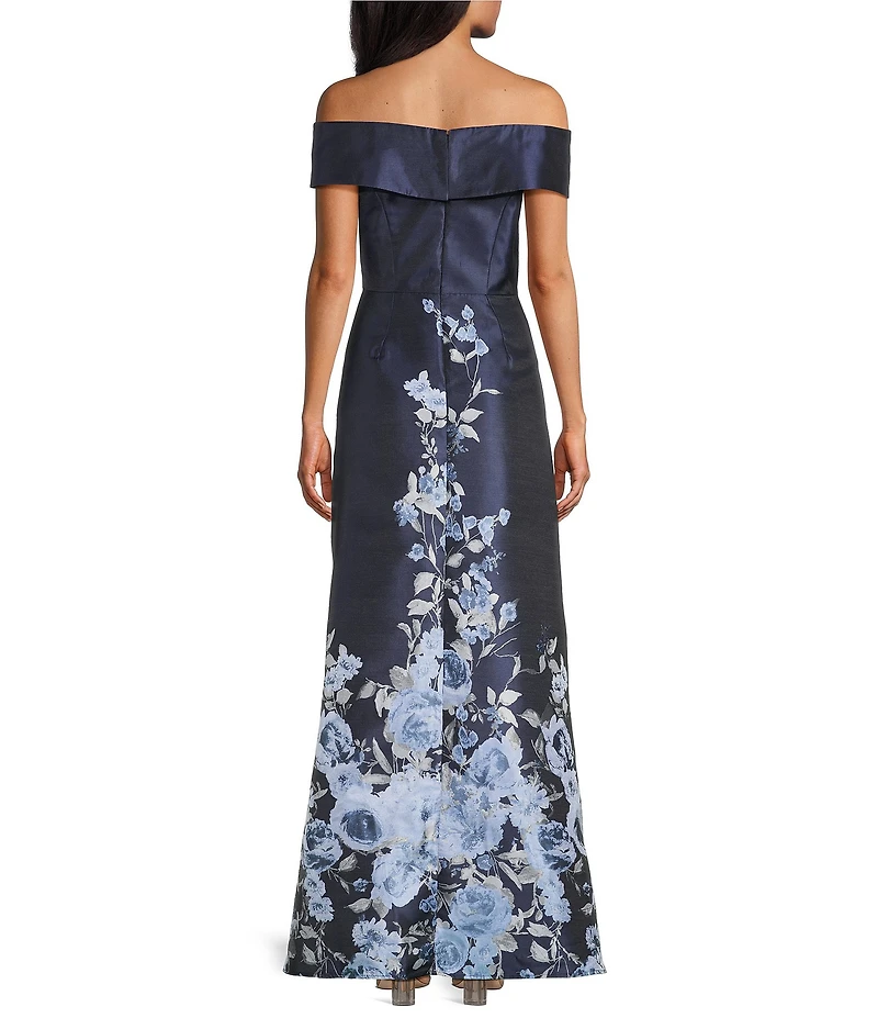 Alex Evenings Off-The-Shoulder Floral Printed Jacquard Long Gown