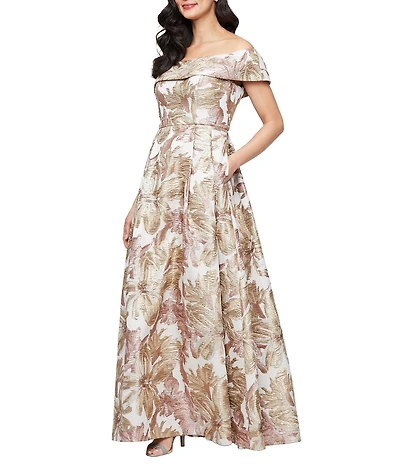 Alex Evenings Off The Shoulder Printed Jacquard Gown