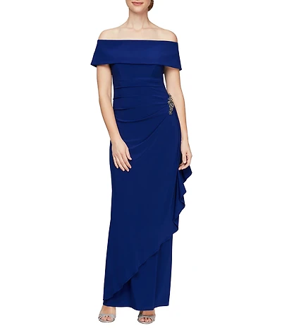 Alex Evenings Off-the-Shoulder Short Sleeve Stretch Matte Jersey Ruched Gown