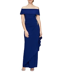 Alex Evenings Off-the-Shoulder Short Sleeve Stretch Matte Jersey Ruched Gown