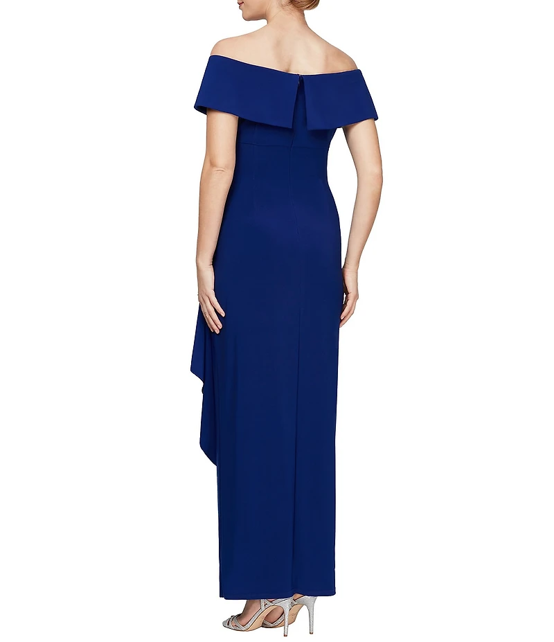 Alex Evenings Off-the-Shoulder Short Sleeve Stretch Matte Jersey Ruched Gown