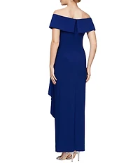 Alex Evenings Off-the-Shoulder Short Sleeve Stretch Matte Jersey Ruched Gown