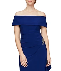 Alex Evenings Off-the-Shoulder Short Sleeve Stretch Matte Jersey Ruched Gown