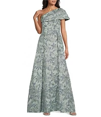 Alex Evenings One Shoulder Fold Over Neck Printed Jacquard Long Gown
