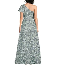 Alex Evenings One Shoulder Fold Over Neck Printed Jacquard Long Gown
