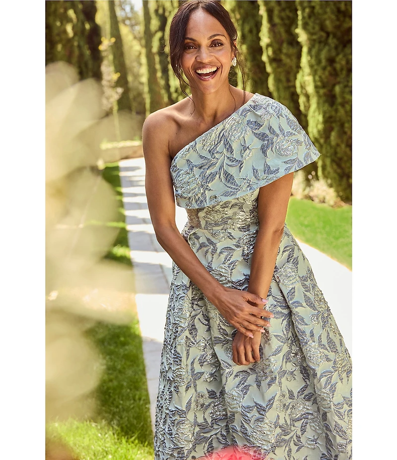 Alex Evenings One Shoulder Fold Over Neck Printed Jacquard Long Gown