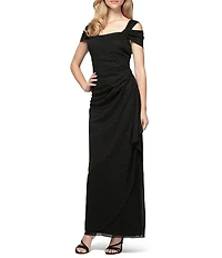 Alex Evenings Petite Size Cowl Square Neck Cap Sleeve Cold Shoulder Ruched Side Glitter Mesh Gown