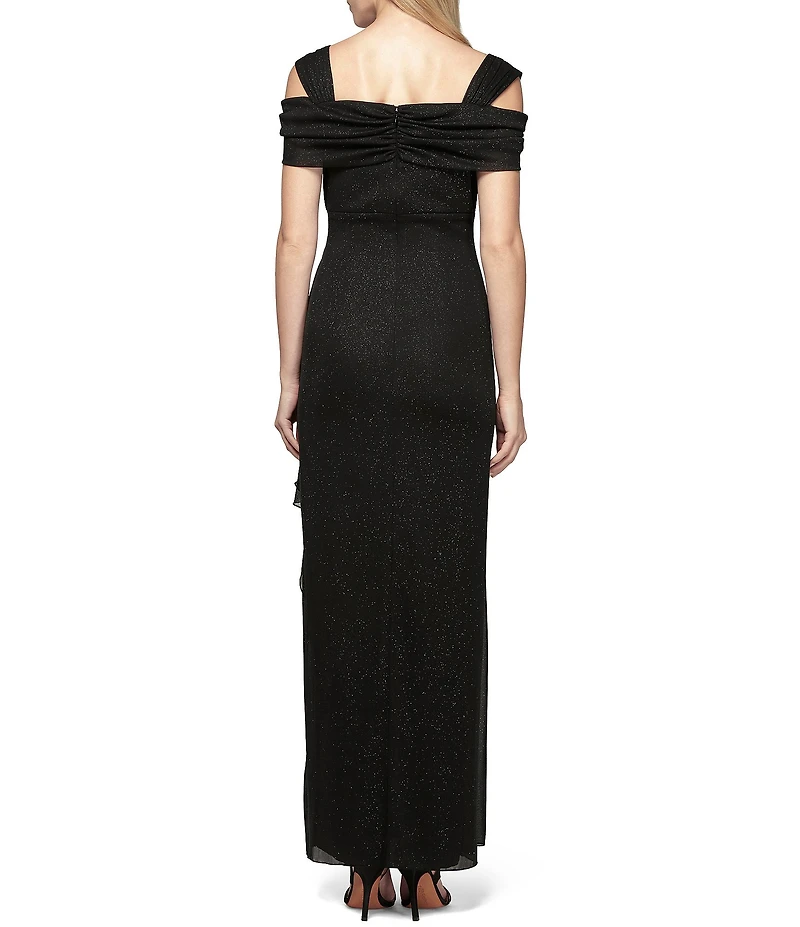 Alex Evenings Petite Size Cowl Square Neck Cap Sleeve Cold Shoulder Ruched Side Glitter Mesh Gown