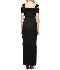 Alex Evenings Petite Size Cowl Square Neck Cap Sleeve Cold Shoulder Ruched Side Glitter Mesh Gown