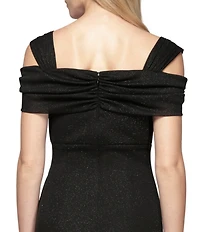 Alex Evenings Petite Size Cowl Square Neck Cap Sleeve Cold Shoulder Ruched Side Glitter Mesh Gown