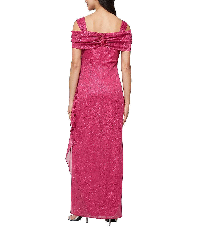 Alex Evenings Petite Size Cowl Square Neck Cap Sleeve Cold Shoulder Ruched Side Glitter Mesh Gown