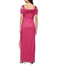 Alex Evenings Petite Size Cowl Square Neck Cap Sleeve Cold Shoulder Ruched Side Glitter Mesh Gown