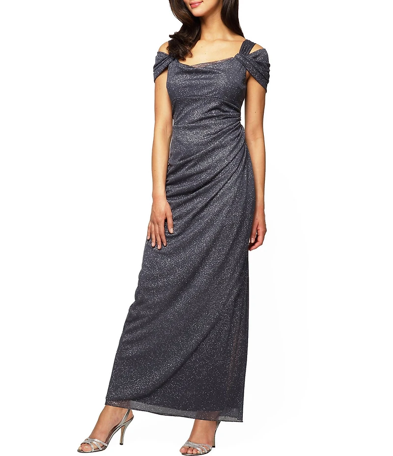 Alex Evenings Petite Size Cowl Square Neck Cap Sleeve Cold Shoulder Ruched Side Glitter Mesh Gown