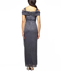 Alex Evenings Petite Size Cowl Square Neck Cap Sleeve Cold Shoulder Ruched Side Glitter Mesh Gown