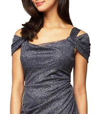 Alex Evenings Petite Size Cowl Square Neck Cap Sleeve Cold Shoulder Ruched Side Glitter Mesh Gown