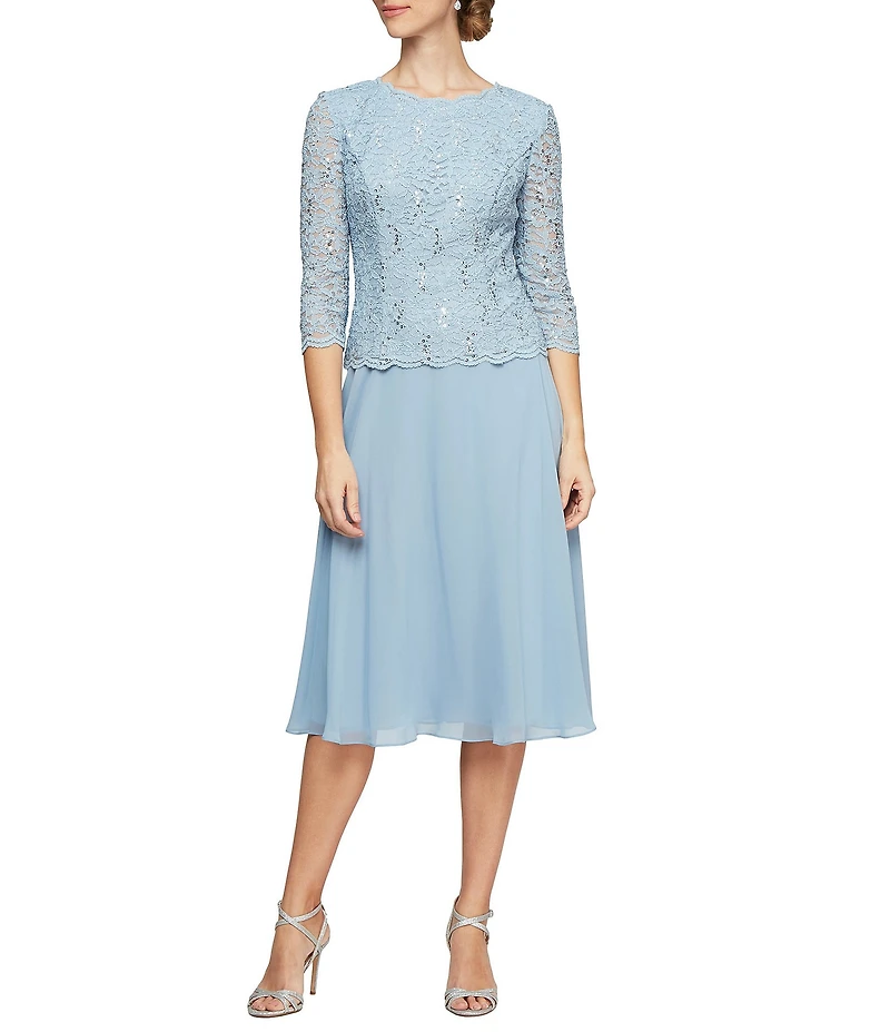 Alex Evenings Petite Size Scalloped Round Neck Sequin Lace Bodice 3/4 Sleeve Chiffon Skirted Tea Length Dress
