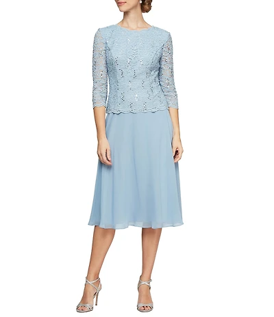 Alex Evenings Petite Size Scalloped Round Neck Sequin Lace Bodice 3/4 Sleeve Chiffon Skirted Tea Length Dress