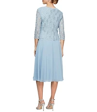 Alex Evenings Petite Size Scalloped Round Neck Sequin Lace Bodice 3/4 Sleeve Chiffon Skirted Tea Length Dress