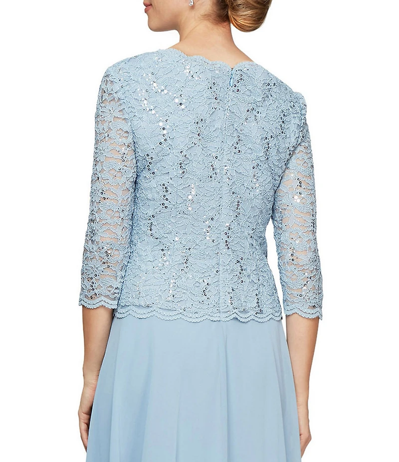Alex Evenings Petite Size Scalloped Round Neck Sequin Lace Bodice 3/4 Sleeve Chiffon Skirted Tea Length Dress