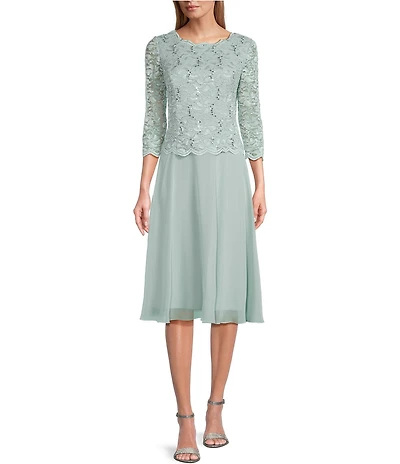 Alex Evenings Petite Size Scalloped Round Neck Sequin Lace Bodice 3/4 Sleeve Chiffon Skirted Tea Length Dress