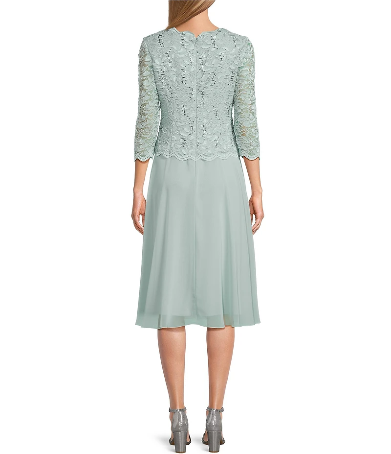 Alex Evenings Petite Size Scalloped Round Neck Sequin Lace Bodice 3/4 Sleeve Chiffon Skirted Tea Length Dress