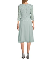 Alex Evenings Petite Size Scalloped Round Neck Sequin Lace Bodice 3/4 Sleeve Chiffon Skirted Tea Length Dress
