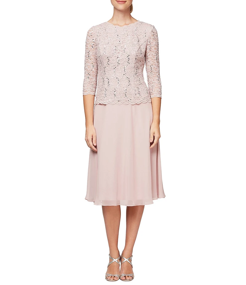 Alex Evenings Petite Size Scalloped Round Neck Sequin Lace Bodice 3/4 Sleeve Chiffon Skirted Tea Length Dress