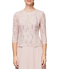 Alex Evenings Petite Size Scalloped Round Neck Sequin Lace Bodice 3/4 Sleeve Chiffon Skirted Tea Length Dress