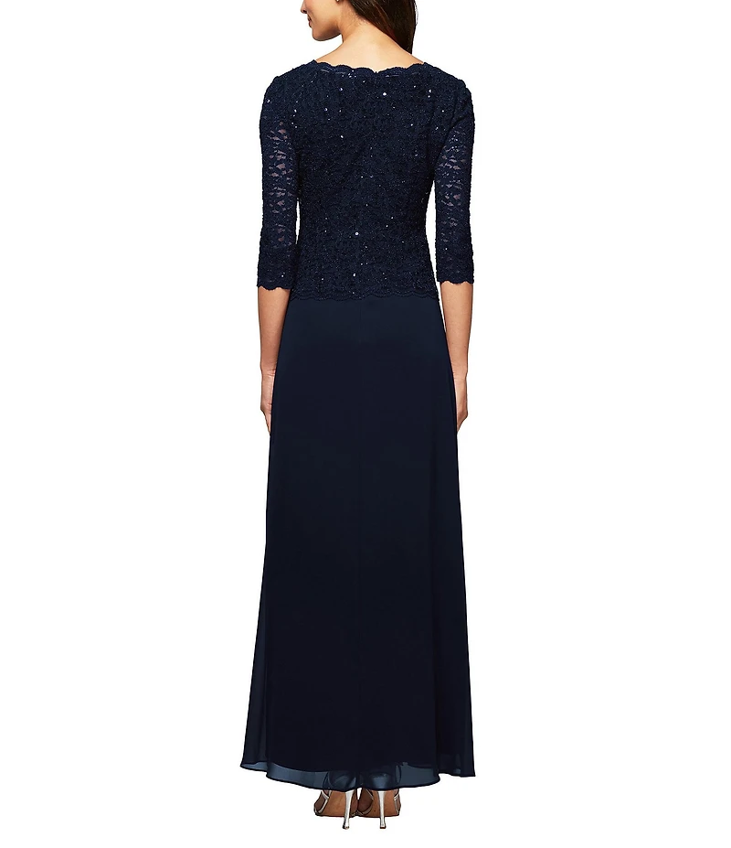 Alex Evenings Petite Size Sequined Lace Bodice Crew Neck 3/4 Sleeve Chiffon Skirted Gown