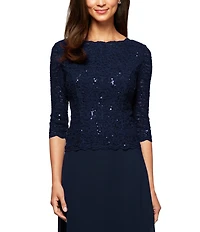 Alex Evenings Petite Size Sequined Lace Bodice Crew Neck 3/4 Sleeve Chiffon Skirted Gown