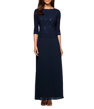 Alex Evenings Petite Size Sequined Lace Bodice Crew Neck 3/4 Sleeve Chiffon Skirted Gown