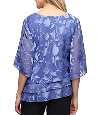 Alex Evenings Petite Size 3/4 Illusion Sleeve Crew Neck Asymmetrical Triple Tier Hem Printed Chiffon Blouse
