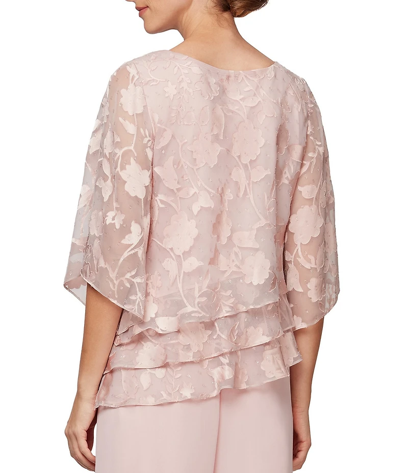 Alex Evenings Petite Size 3/4 Illusion Sleeve Crew Neck Asymmetrical Triple Tier Hem Printed Chiffon Blouse