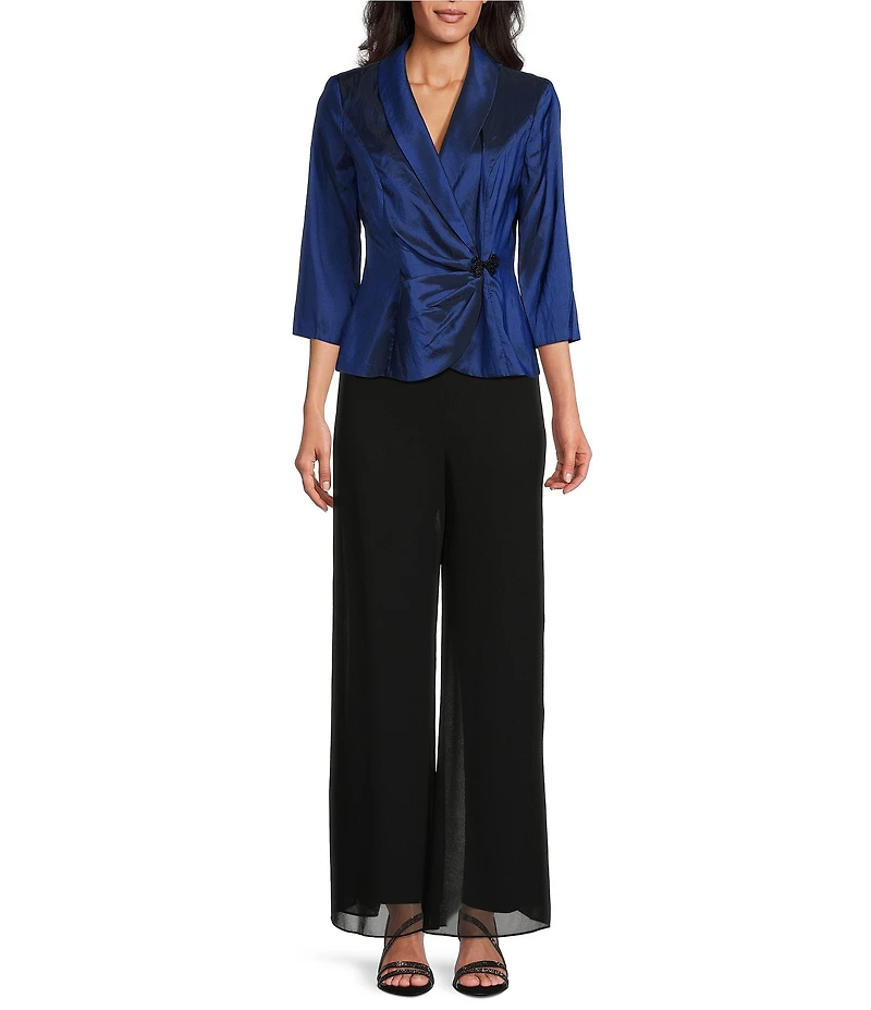 Alex Evenings Petite Size 3/4 Sleeve Collared V-Neck Taffeta Blouse