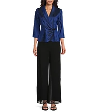 Alex Evenings Petite Size 3/4 Sleeve Collared V-Neck Taffeta Blouse
