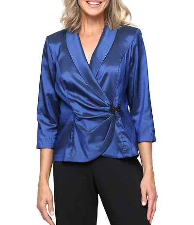 Alex Evenings Petite Size 3/4 Sleeve Collared V-Neck Taffeta Blouse