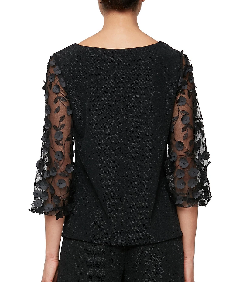 Alex Evenings Petite Size 3D Floral Embellished Sleeves Boat Neck Blouse