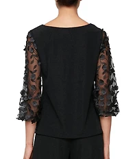 Alex Evenings Petite Size 3D Floral Embellished Sleeves Boat Neck Blouse
