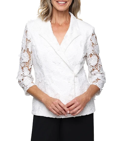 Alex Evenings Petite Size 3D Lace V-Neck 3/4 Sleeve Embellished Button Blouse Top
