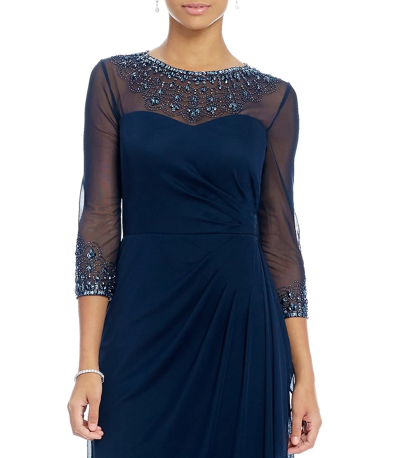 Alex Evenings Petite Size Crew Neck 3/4 Sleeve Stretch A-Line Gown