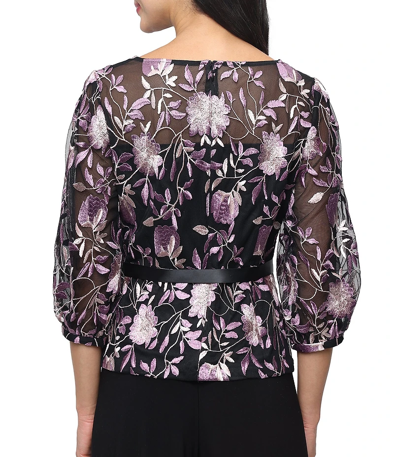 Alex Evenings Petite Size Boat Neck 3/4 Illusion Sleeve Tie Sash Belt Embroidered Stretch Tulle Blouse