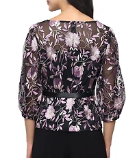 Alex Evenings Petite Size Boat Neck 3/4 Illusion Sleeve Tie Sash Belt Embroidered Stretch Tulle Blouse