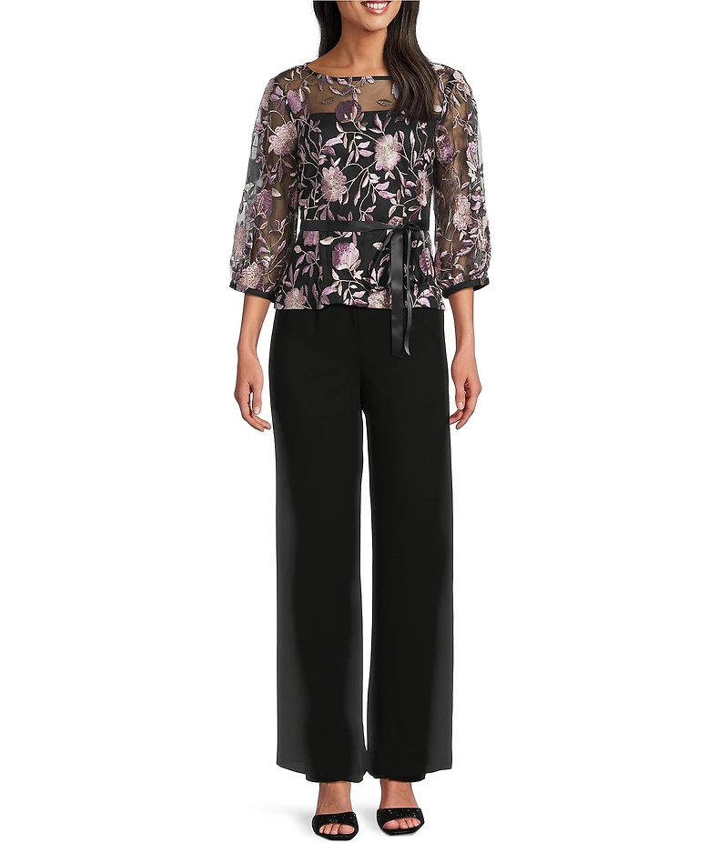 Alex Evenings Petite Size Boat Neck 3/4 Illusion Sleeve Tie Sash Belt Embroidered Stretch Tulle Blouse