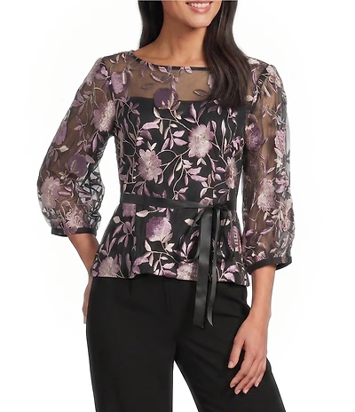 Alex Evenings Petite Size Boat Neck 3/4 Illusion Sleeve Tie Sash Belt Embroidered Stretch Tulle Blouse